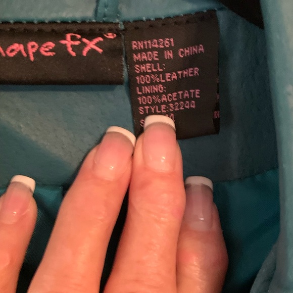 Shape Fx Leather Teal Blazer Jacket  Front Zipper. Design on Front, Sleeves - Picture 8 of 11